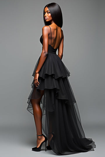 Black A Line Spaghetti Straps Ruffled Tiered High-Low Formal Dress